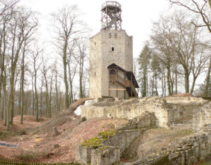 Burgruine mit Bergfried, links Graben, rechts Torfundamente