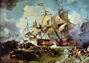 Schlacht vom 1. Juni 1794,Philippe-Jacques de Loutherbourg, 1795  Die beiden Flaggschiffe im Gefecht.  Links die Queen Charlotte, rechts die Montagne.