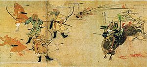 Der Samurai Suenaga im Kampf gegen mongolische Pfeile und Bomben. Mōko Shūrai Ekotoba (蒙古襲来絵詞), ca.1293
