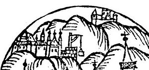 Die obere Burg (rechts) nach Sebastian Münster von 1527