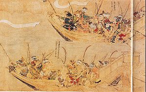 Japanische Angriffsschiffe. Mōko Shūrai Ekotoba (蒙古襲来絵詞), ca. 1293