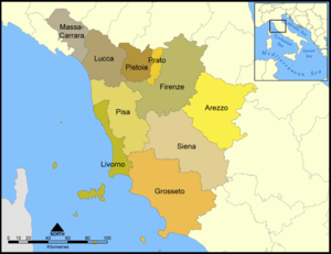 Karte Italiens, Toskana hervorgehoben