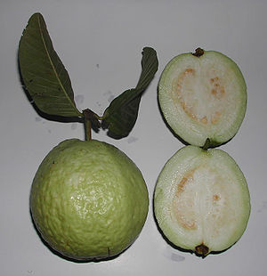 Echte Guave (Psidium guajava), Frucht ganz und aufgeschnitten