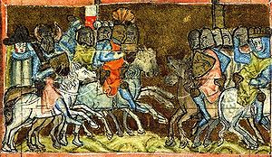 Darstellung der Schlacht in der Sächsischen Weltchronik (Manuskript aus dem 14. Jahrhundert)