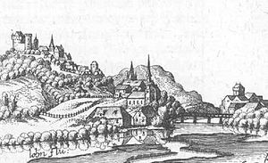 Burg und Tal Staufenberg, Auszug aus der Topographia Hassiae von Matthäus Merian dem Jüngeren 1655