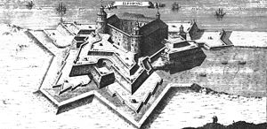 Kupferstich der Festung Älvsborg aus dem Werk Suecia antiqua et hodierna von Erik Dahlberg.