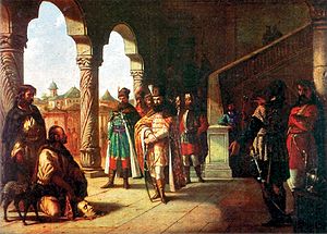 Szekler überreichen Michael dem Tapferen nach der Schlacht den Kopf von Kardinal Andreas BáthoryHistoriengemälde von Theodor Aman (1831–1891)