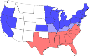Die Vereinigten Staaten 1864blau: Unionsstaaten ohne Sklavereihellblau: Unionsstaaten mit Sklavereirot: Konföderierte Staaten