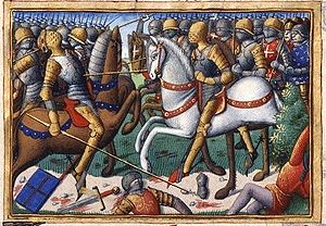 Darstellung der Schlacht von Baugé als Buchmalerei aus dem Vigiles du roi Charles VII von Martial d'Auvergne (15. Jahrhundert)