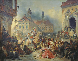 Zar Peter I. stoppt seine marodierenden Truppen nach dem Fall von Narva (Gemälde von Nikolai Sauerweid, 1859)
