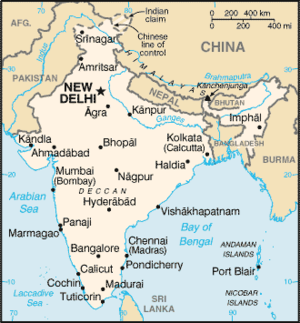 Karte Indiens mit Mumbai an der Westküste des Subkontinents