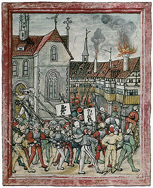 Appenzeller und St. Gallern überfallen das Kloster Mariaberg in Rorschach. Amtliche Luzerner Chronik, 1513