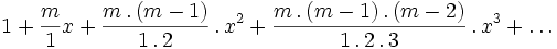 1+\frac m1x+\frac{m\,.\,(m-1)}{1\,.\,2}\,.\,x^2+\frac{m\,.\,(m-1)\,.\,(m-2)}{1\,.\,2\,.\,3}\,.\,x^3+\ldots