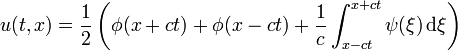 u(t,x)=\frac{1}{2}\left(\phi(x+ct)+\phi(x-ct)+\frac{1}{c}\int_{x-ct}^{x+ct} \psi(\xi)\,\mathrm{d}\xi\right)