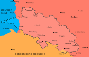 Die Provinz Schlesien mit den heutigen Staatsgrenzen (Zu sehen ist der Preußische Teil ohne die damals bei Österreich verbliebenen Gebiete, wie z. B. Ostrau, Teschen oder Bielitz. Siehe dazu die Karte im Artikel „Österreichisch-Schlesien“.)