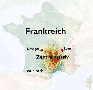 Lage des Zentralmassivs in Frankreich