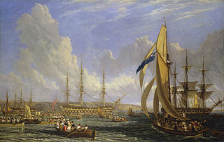 Die HMS Bellerophon im August 1815 mit Napoleon Bonaparte an Bord ankert vor Plymouth (Bildmitte)