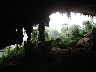 Der Haupteingang zu den Höhlen von Niah. Einige der Ausgrabungen wurden im Bereich, der unten rechts im Bild zu erkennen ist gemacht.