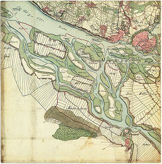 Karte von 1790 mit dem westlichen Wilhelmsburg und den Flussarmen zwischen Reiherstieg und Köhlbrand