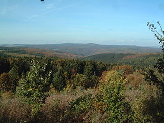 Der Gahrenberg (Bildmitte; Reinhardswald)  vom Hühnerfeldberg (Kaufunger Wald) betrachtet