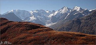 Berninagruppe von Nordosten mit Piz Palü, Bellavista, Piz Zupò, Crast'Agüzza, Piz Bernina und Piz Morteratsch