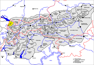 Lage des Bregenzerwaldgebirge (gelb gervorgehoben) innerhalb der Ostalpen