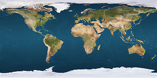 Die Kordilleren am Westrande der beiden Amerikas (linke Hälfte) – die Ausdehnung ist auch im Vergleich mit dem Himalaya enorm (Mitte rechts)