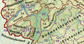 Vorderer Odenwald als westlichster Teil der Einheit 14 Odenwald, Spessart und Südrhön