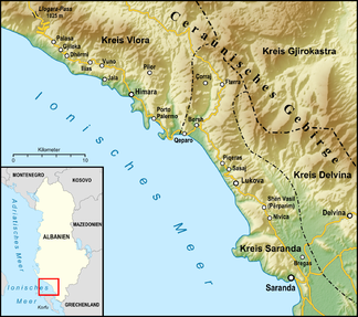 Topographische Karte der Albanischen Riviera mit Ceraunischem Gebirge