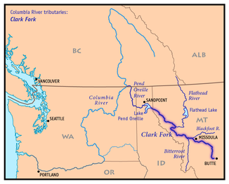Karte des Clark Fork mit seinen Nebenflüssen und seiner Mündung