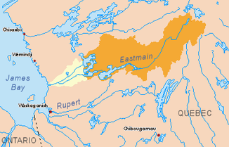 Eastmain - ursprüngliches Einzugsgebiet in gelb und orange, das abgeleitete Einzugsgebiet in orange