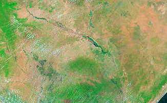 Satellitenaufnahme von Überschwemmungen im mittleren Shabelle-Tal in Äthiopien und Südsomalia, 2005