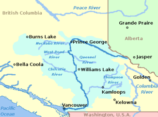 Karte des Fraser River und der wichtigsten Zuflüsse