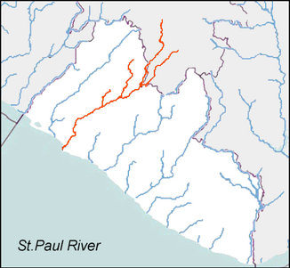 Flüsse Liberias, rot: Flusssystem Saint Paul River