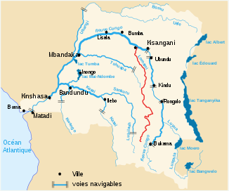 Karte des Gewässernetzes der DR Kongo mit dem Lomami in Rot