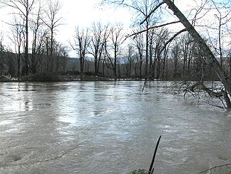 Flut am Snoqualmie River, einige Kilometer unterhalb der Wasserfälle (Dezember 2004)