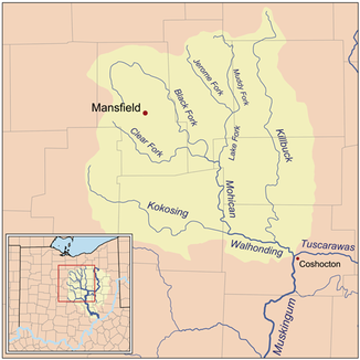 Karte des Einzugsgebiets des Walhonding Rivers und seiner Nebenflüsse.
