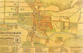 Das Zentrum von Barmen (Gemarke) um 1761 mit noch offenen Mühlengraben, dort Mühlenstrang genannt