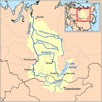 Verlauf der Steinigen Tunguska (Podkamennaja Tunguska) im Einzugsgebiet des Jenissei