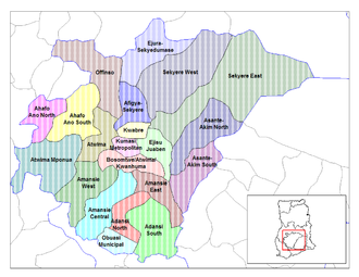 Lage des Distrikts Obuasi Metropolitan innerhalb der Ashanti Region