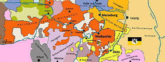 Staatsgebiet des Herzogtums Sachsen-Weißenfels 1657 (orange)