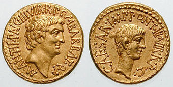 Die Triumvirn Marcus Antonius und Octavian, Aureus 41 v. Chr.
