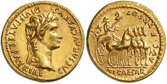 Aureus mit Augustus auf der Vorderseite, Tiberius im Streitwagen auf der Rückseite