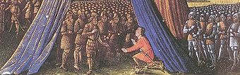 Balian von Ibelin übergibt Jerusalem an Saladin, aus Les Passages faits Outremer par les Français contre les Turcs et autres Sarrasins et Maures outremarins, um 1490