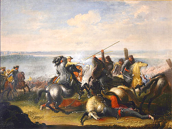 Der Schwedische König Karl X. im Gefecht mit polnischen Tataren während der Schlacht bei Warschau, Gemälde von Johann Philipp Lemke