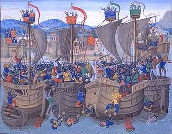 Seeschlacht von Sluis, Buchmalerei in den Chroniques des französischen Geschichtsschreibers Jean Froissart (um 1337 – um 1405)