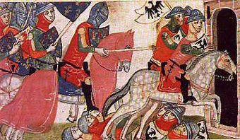 Darstellung der Schlacht von Benevent aus der Nuova Cronica des Giovanni Villani, 14. Jahrhundert