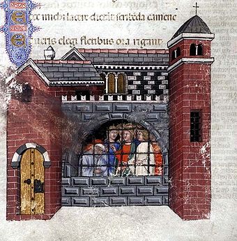 Boethius in Gefangenschaft (Abb. aus einem italienischen Exemplar des Trosts der Philosophie, 14. Jahrhundert)