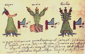 Seite 34 des Kodex Osuna, die Symbole für Texcoco, Tenochtitlan (Mexico), und Tlacopán zeigend