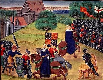 William Walworth tötet Wat Tyler, Richard II. sieht zu und spricht anschließend zu den Aufständischen. (Darstellung um 1390)